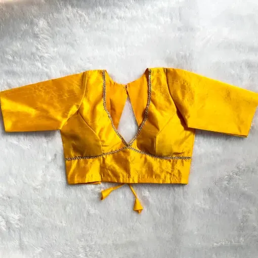 Ready to Wear Yellow Raw Silk Saree Blouse | Plunging V-Neck Lace Border Blouse with Elbow Sleeves & Cutout Back Tie-Up