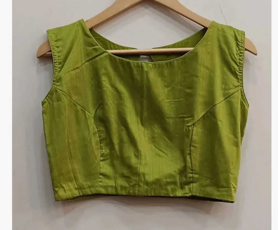 Readymade Boat Neck Sleeveless Saree Blouse | Raw Silk Solid Crop Choli Tops