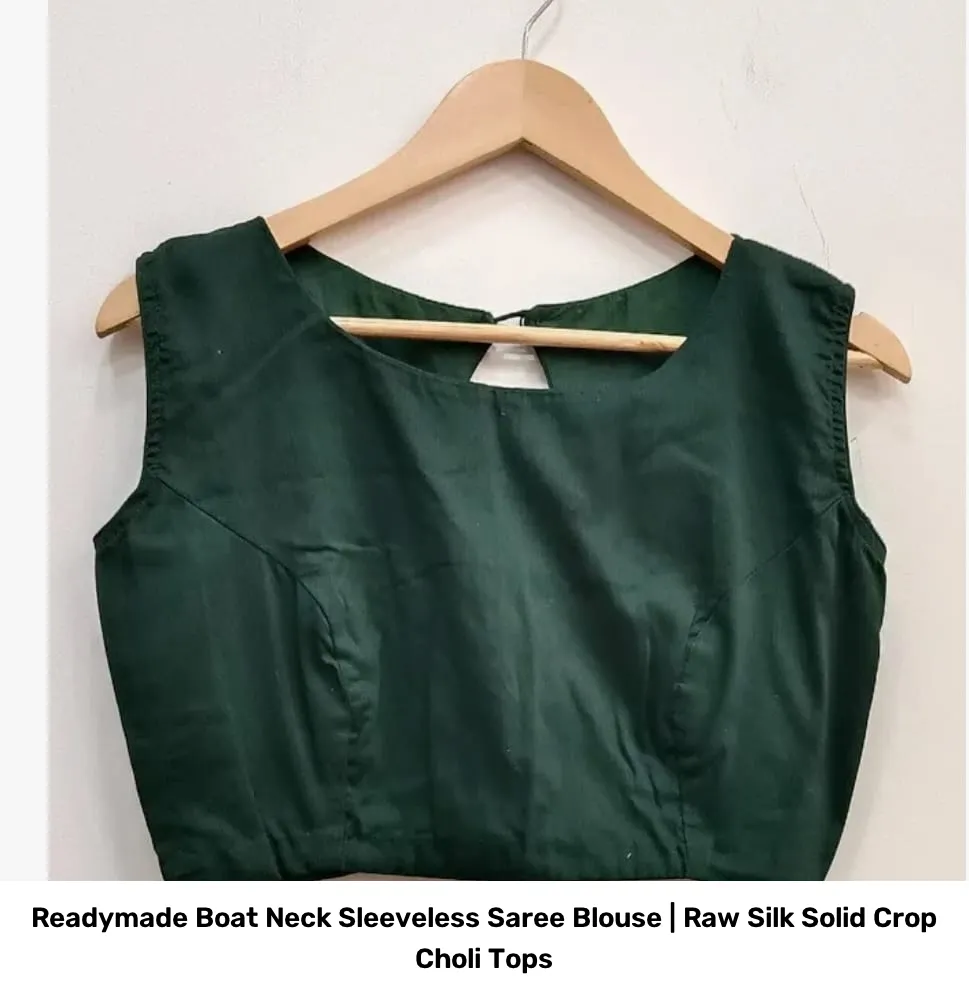 Readymade Boat Neck Sleeveless Saree Blouse | Raw Silk Solid Crop Choli Tops 4