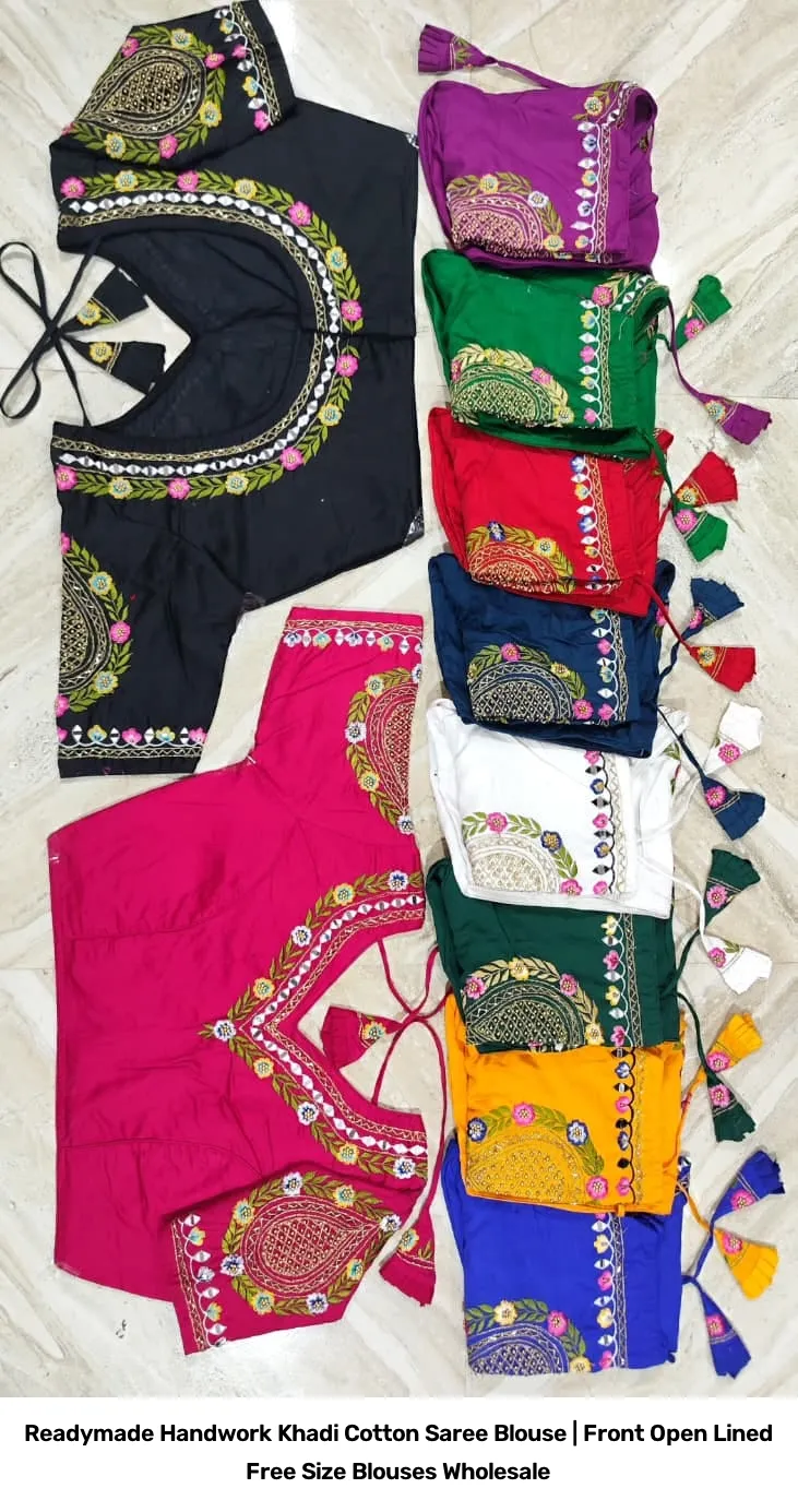 Readymade Handwork Khadi Cotton Saree Blouse | Front Open Lined Free Size Blouses Wholesale 2