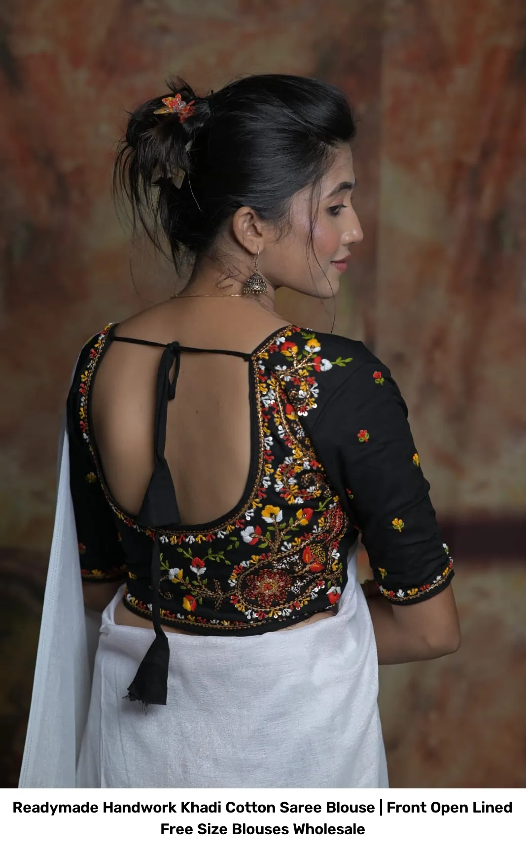 Readymade Handwork Khadi Cotton Saree Blouse | Front Open Lined Free Size Blouses Wholesale 5