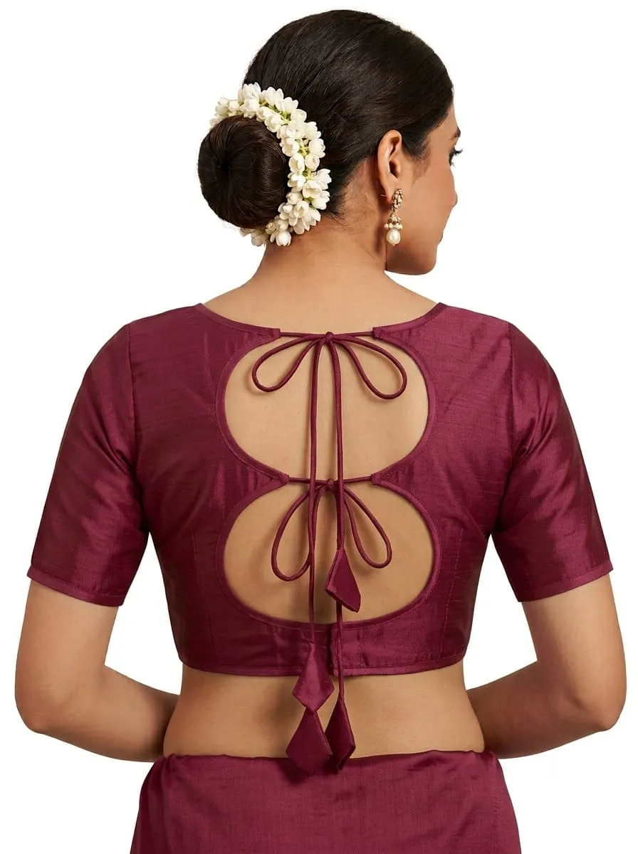 Readymade Plain Silk Blouse with Dori Tie Back | Double Cutout Open Back Designer Saree Blouse