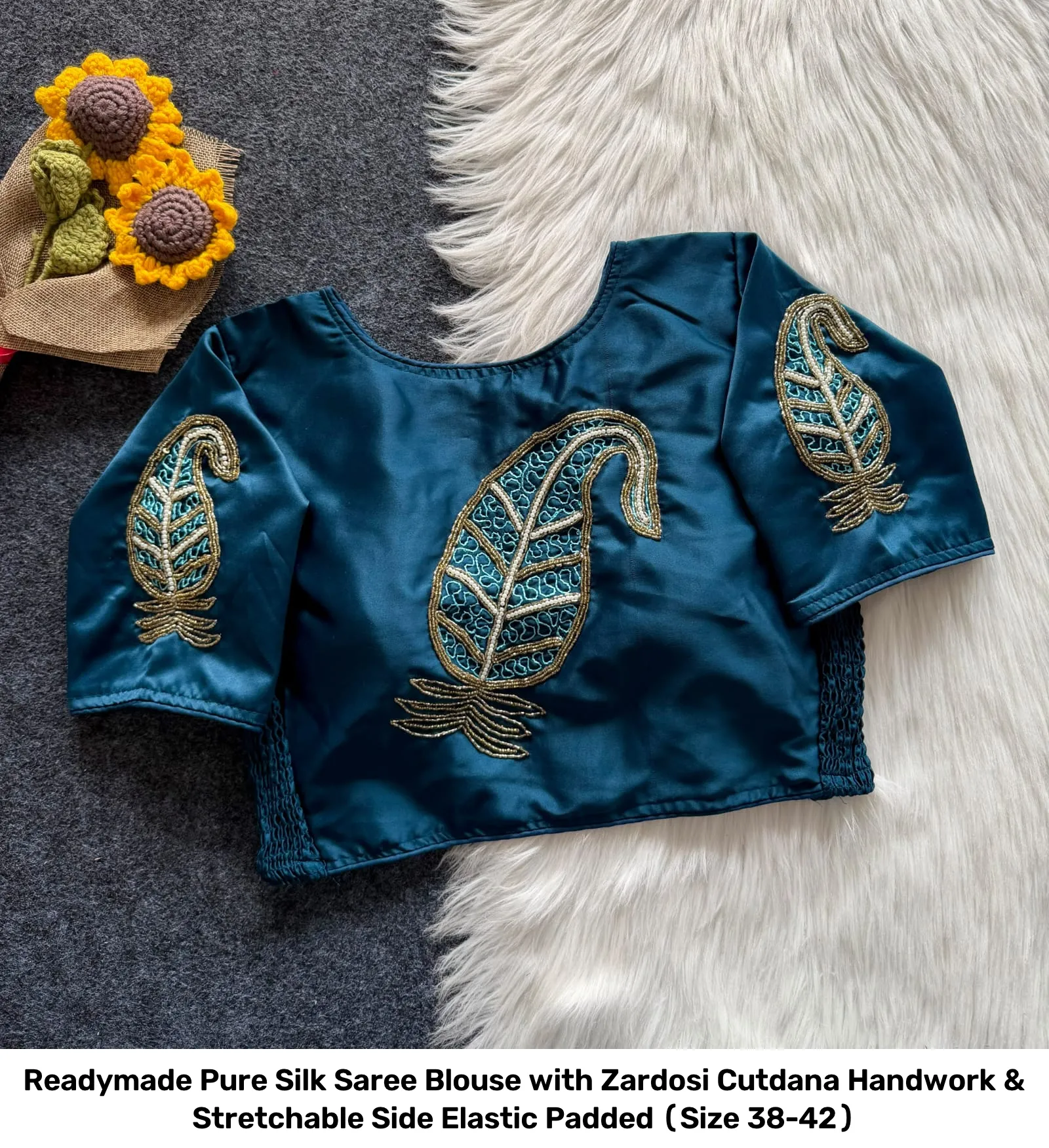 Readymade Pure Silk Saree Blouse with Zardosi Cutdana Handwork & Stretchable Side Elastic – Padded (Size 38-42) 10