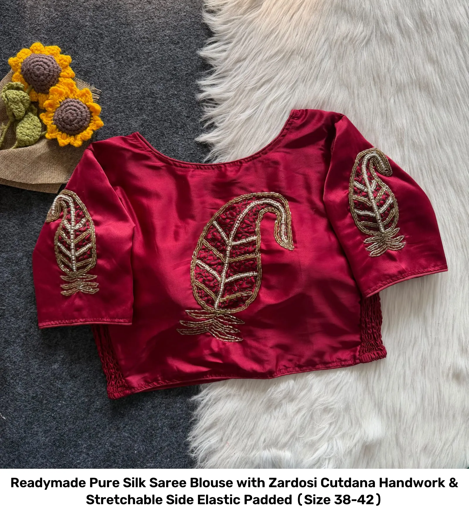 Readymade Pure Silk Saree Blouse with Zardosi Cutdana Handwork & Stretchable Side Elastic – Padded (Size 38-42) 4