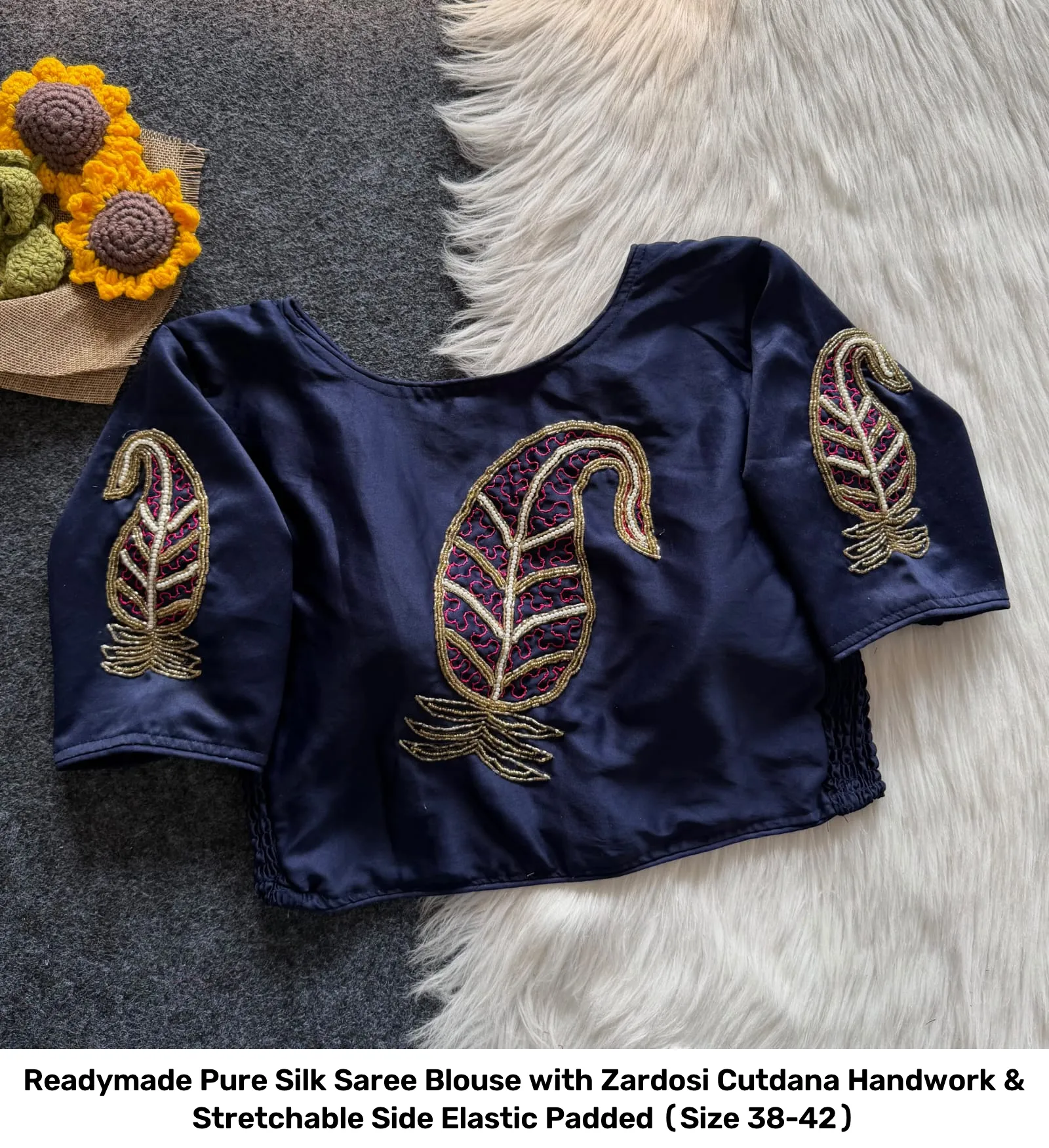 Readymade Pure Silk Saree Blouse with Zardosi Cutdana Handwork & Stretchable Side Elastic – Padded (Size 38-42) 6