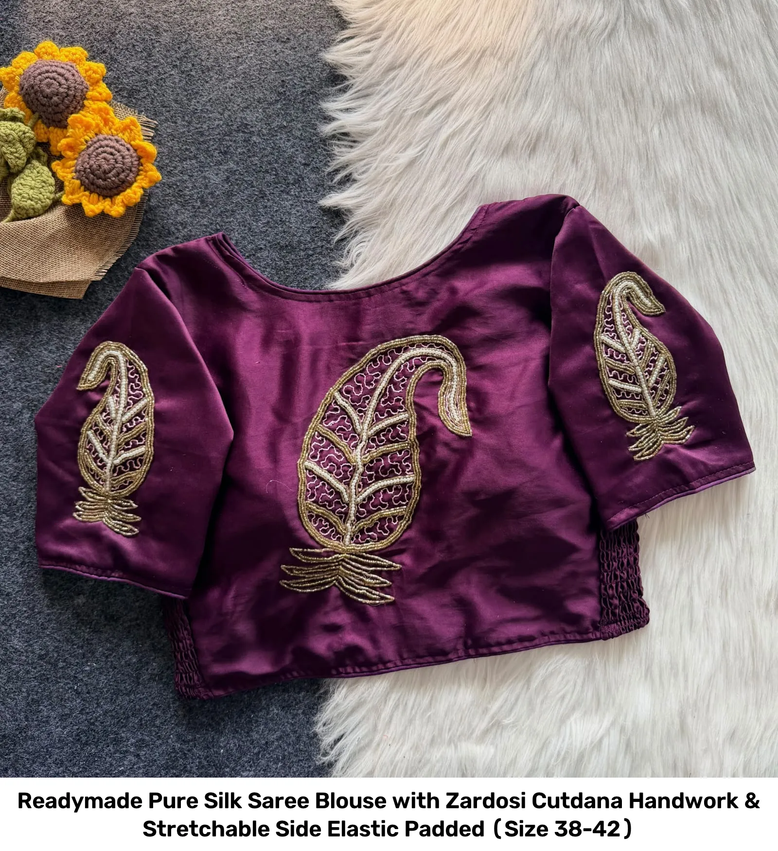 Readymade Pure Silk Saree Blouse with Zardosi Cutdana Handwork & Stretchable Side Elastic – Padded (Size 38-42) 8