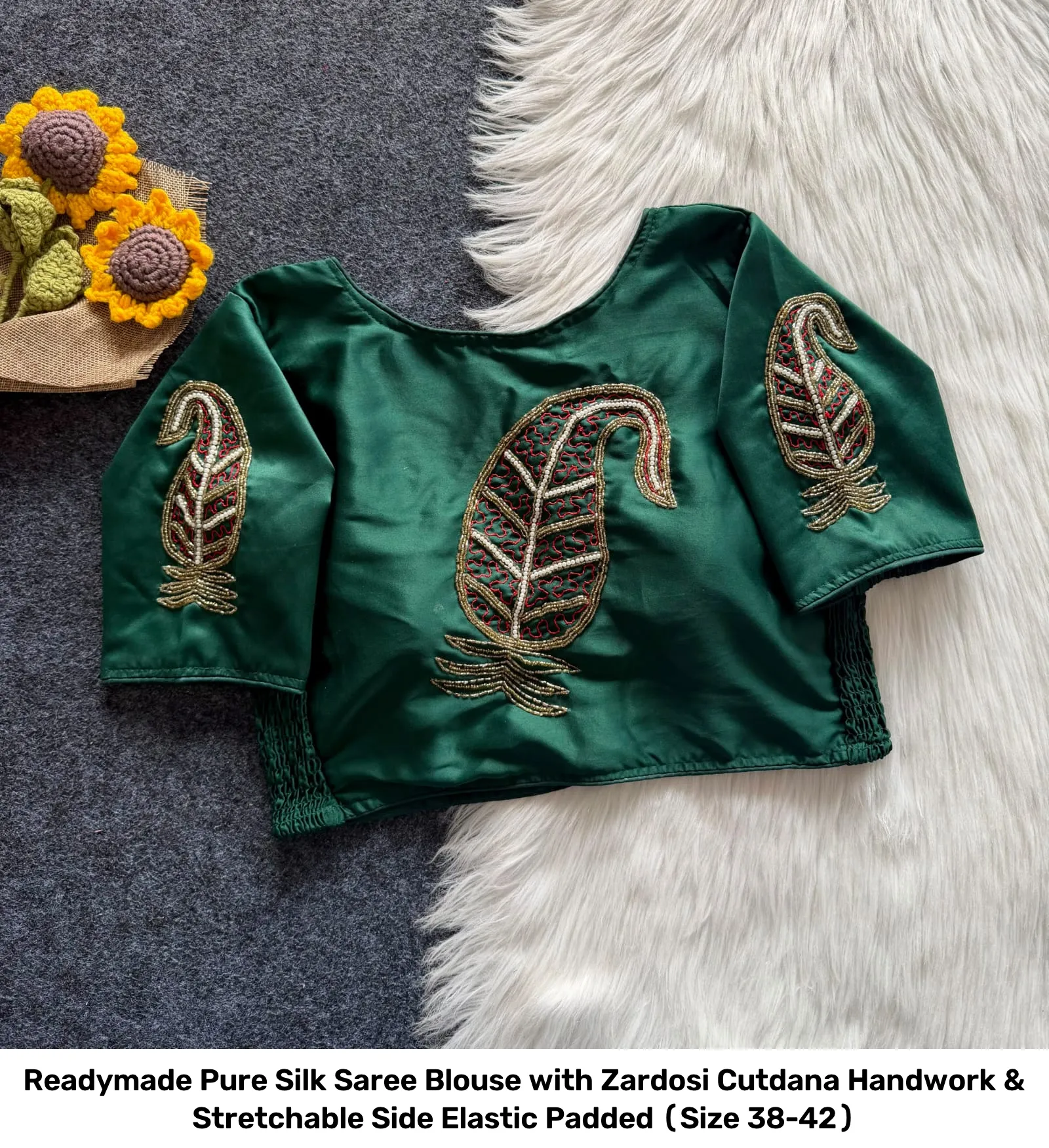 Readymade Pure Silk Saree Blouse with Zardosi Cutdana Handwork & Stretchable Side Elastic – Padded (Size 38-42) 9