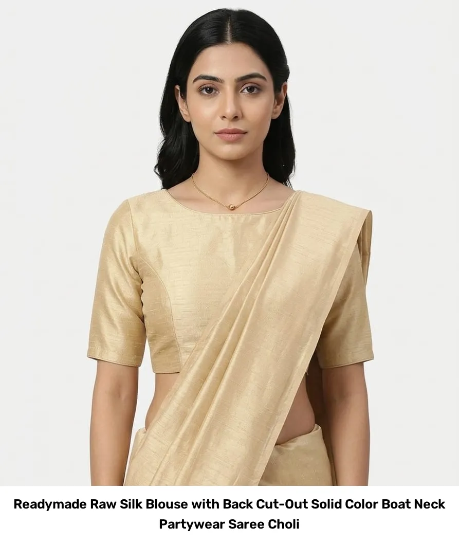Readymade Raw Silk Blouse with Back Cut-Out – Solid Color Boat Neck Partywear Saree Choli 4