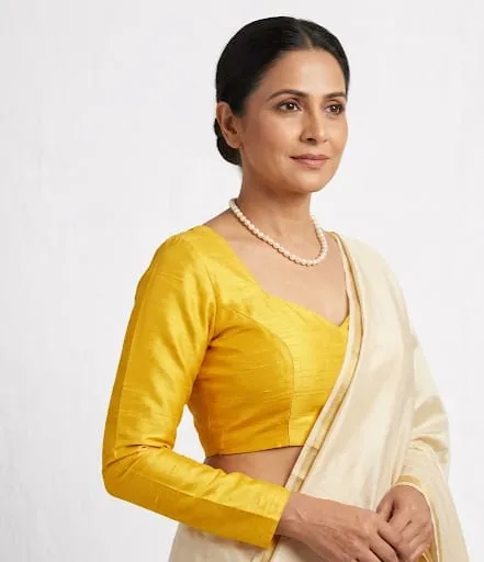 Readymade Raw Silk Blouse with Long Sleeves | Sweetheart Neck & Deep V-Back
