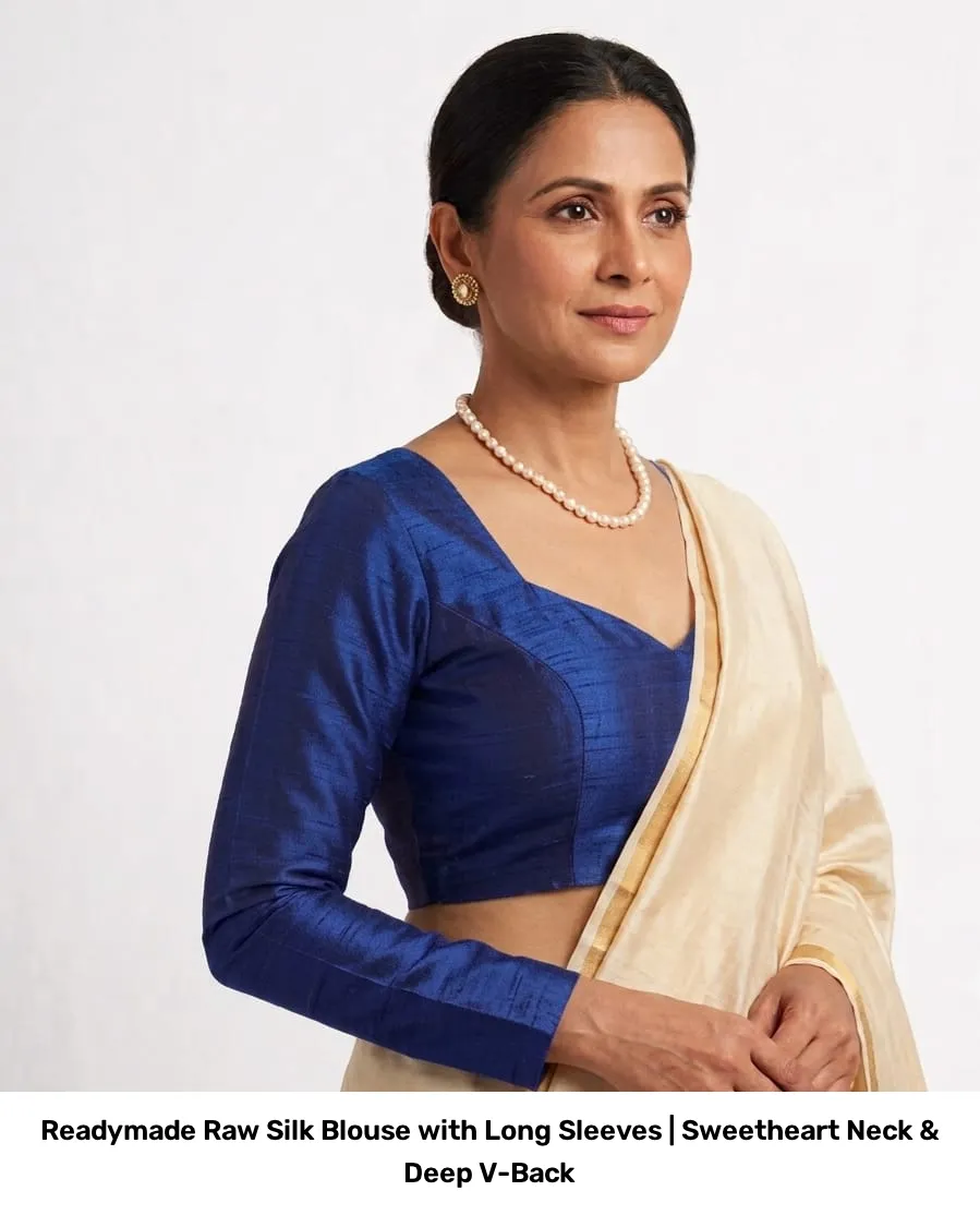 Readymade Raw Silk Blouse with Long Sleeves | Sweetheart Neck & Deep V-Back 5