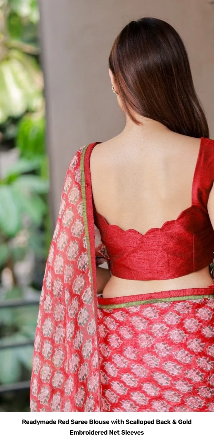 Readymade Red Saree Blouse with Scalloped Back & Gold Embroidered Net Sleeves 5