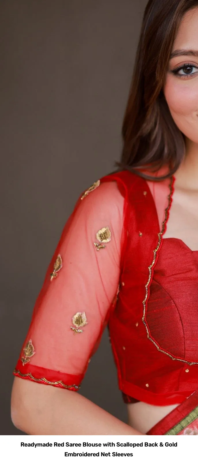 Readymade Red Saree Blouse with Scalloped Back & Gold Embroidered Net Sleeves 6