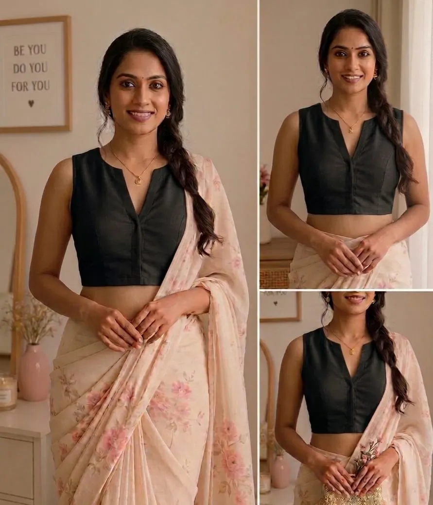 Readymade Sleeveless V-Neck Saree Blouse | Pure Cotton Silk Princess Cut Crop Top