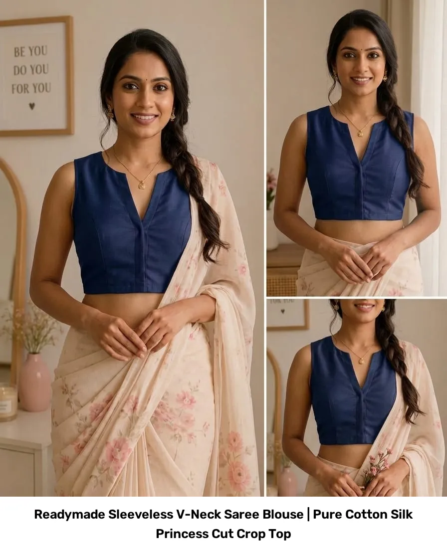 Readymade Sleeveless V-Neck Saree Blouse | Pure Cotton Silk Princess Cut Crop Top 2