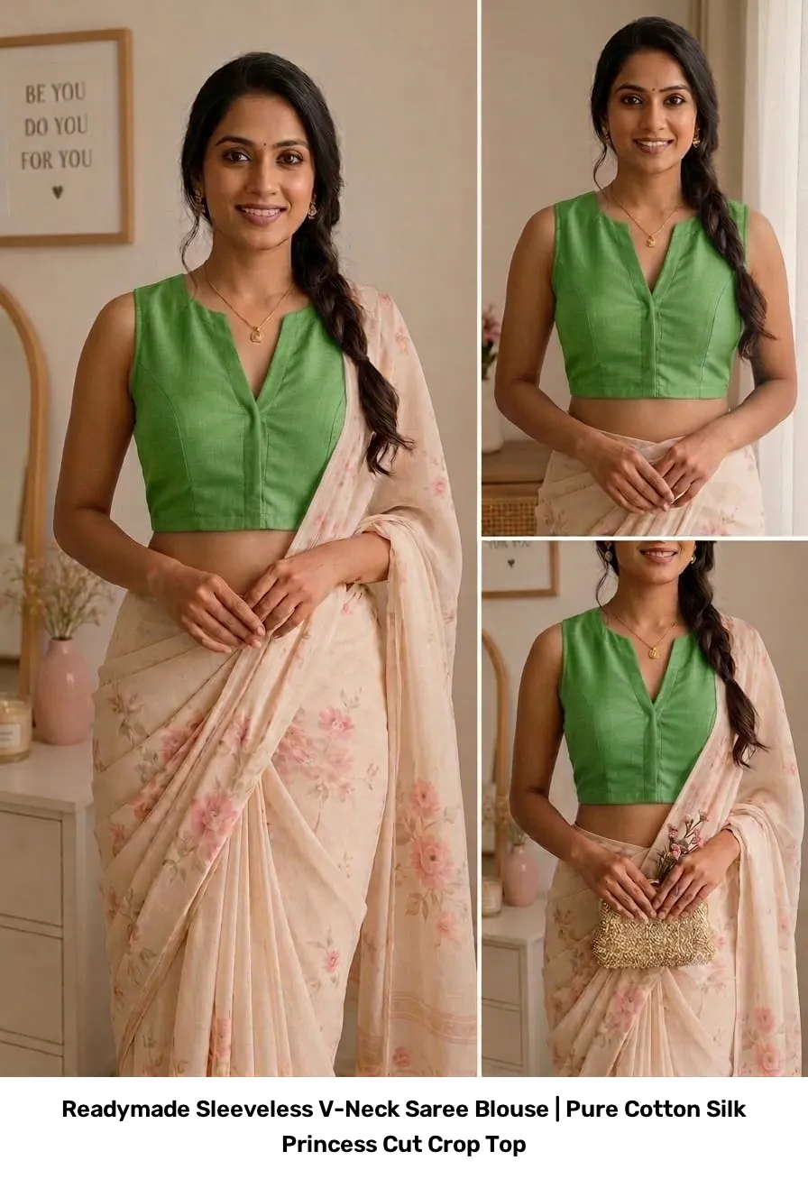Readymade Sleeveless V-Neck Saree Blouse | Pure Cotton Silk Princess Cut Crop Top 3
