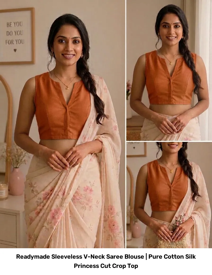 Readymade Sleeveless V-Neck Saree Blouse | Pure Cotton Silk Princess Cut Crop Top 4