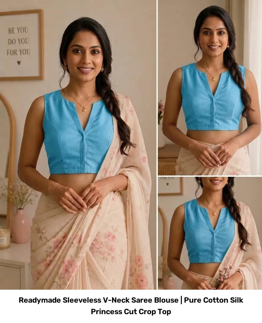 Readymade Sleeveless V-Neck Saree Blouse | Pure Cotton Silk Princess Cut Crop Top 5