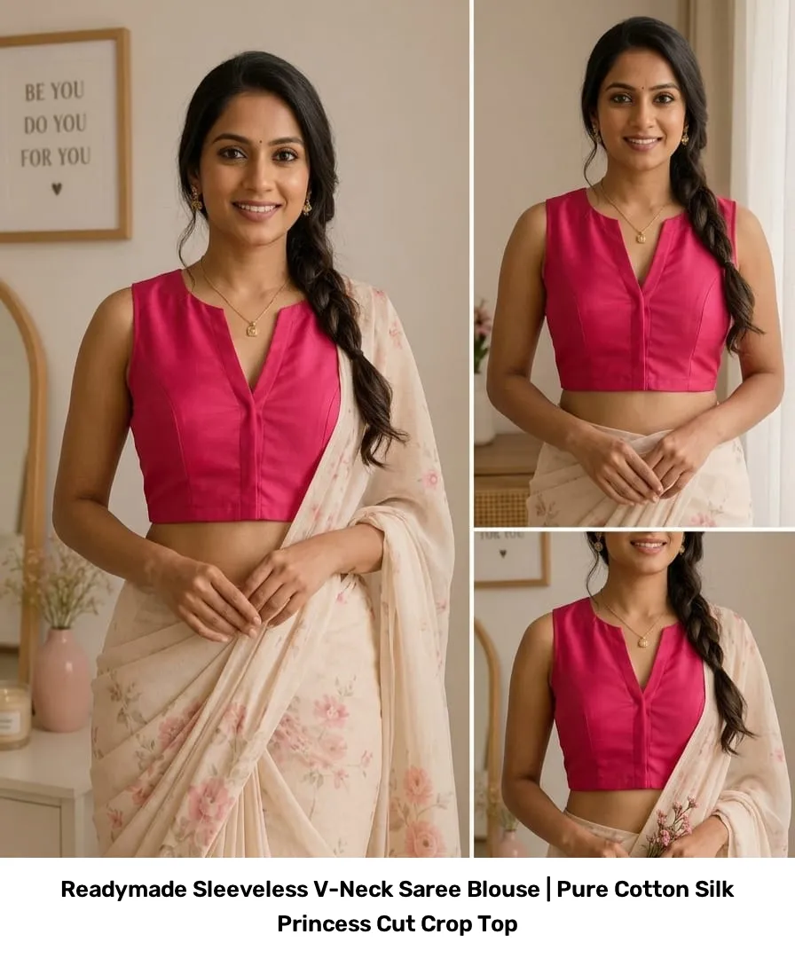 Readymade Sleeveless V-Neck Saree Blouse | Pure Cotton Silk Princess Cut Crop Top 6