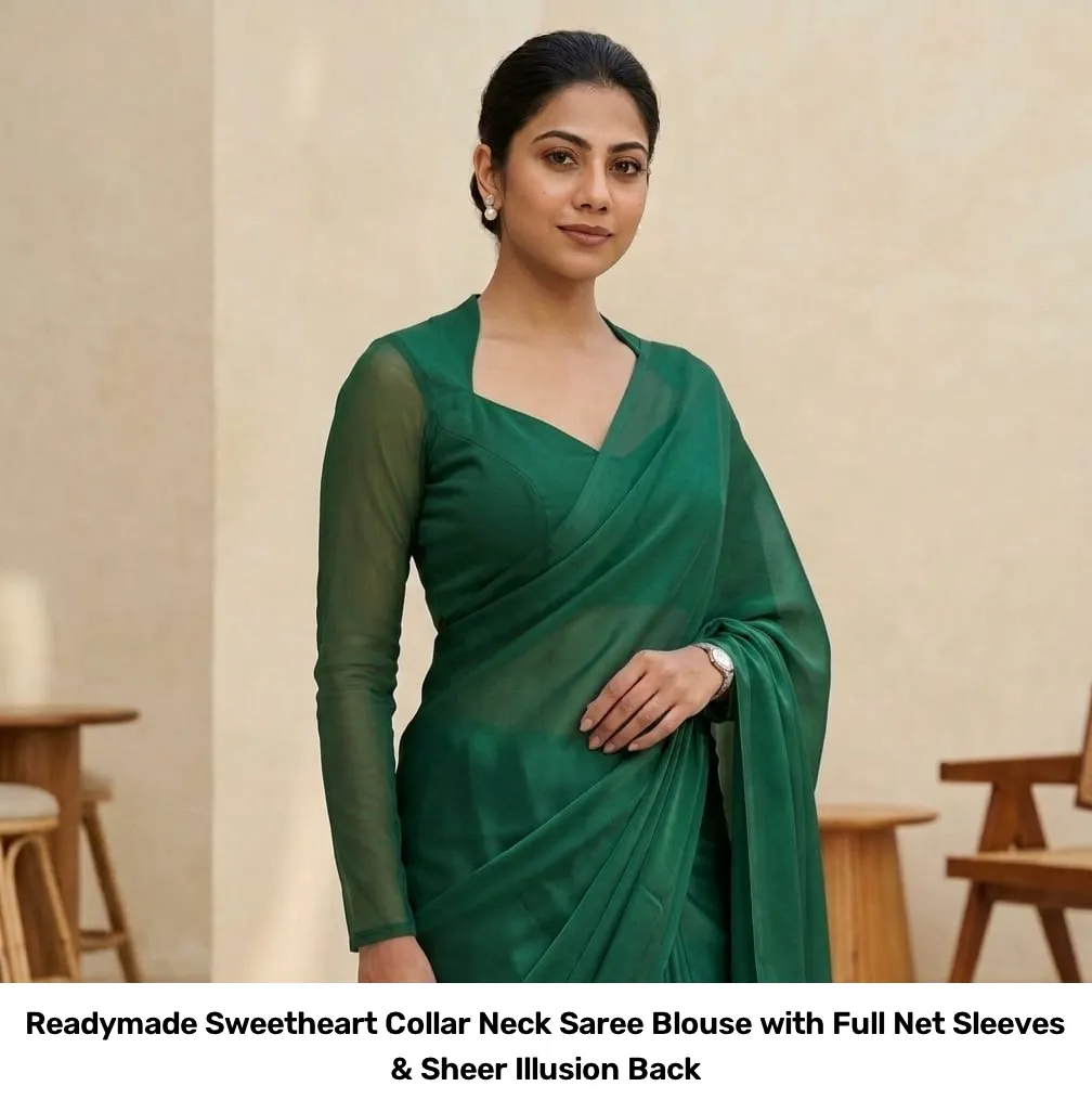 Readymade Sweetheart Collar Neck Saree Blouse with Full Net Sleeves & Sheer Illusion Back 2