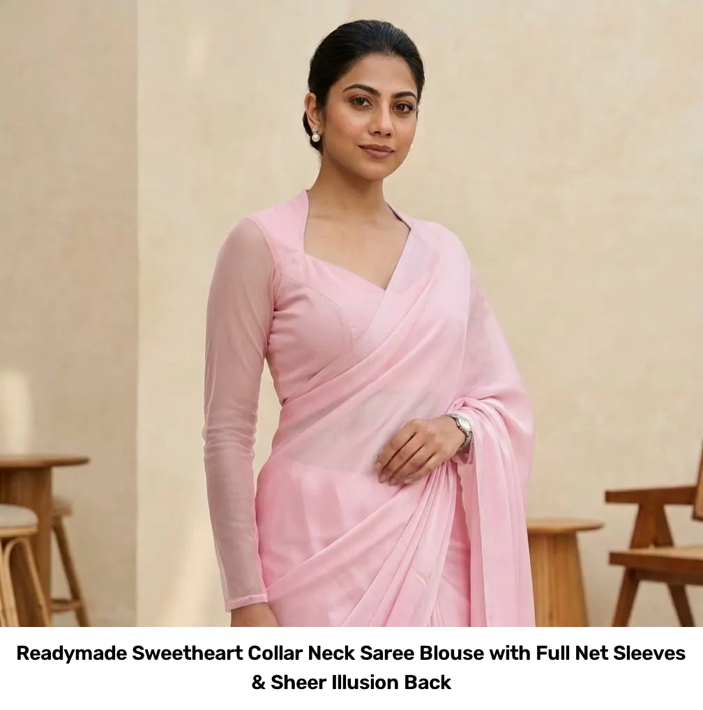 Readymade Sweetheart Collar Neck Saree Blouse with Full Net Sleeves & Sheer Illusion Back 3
