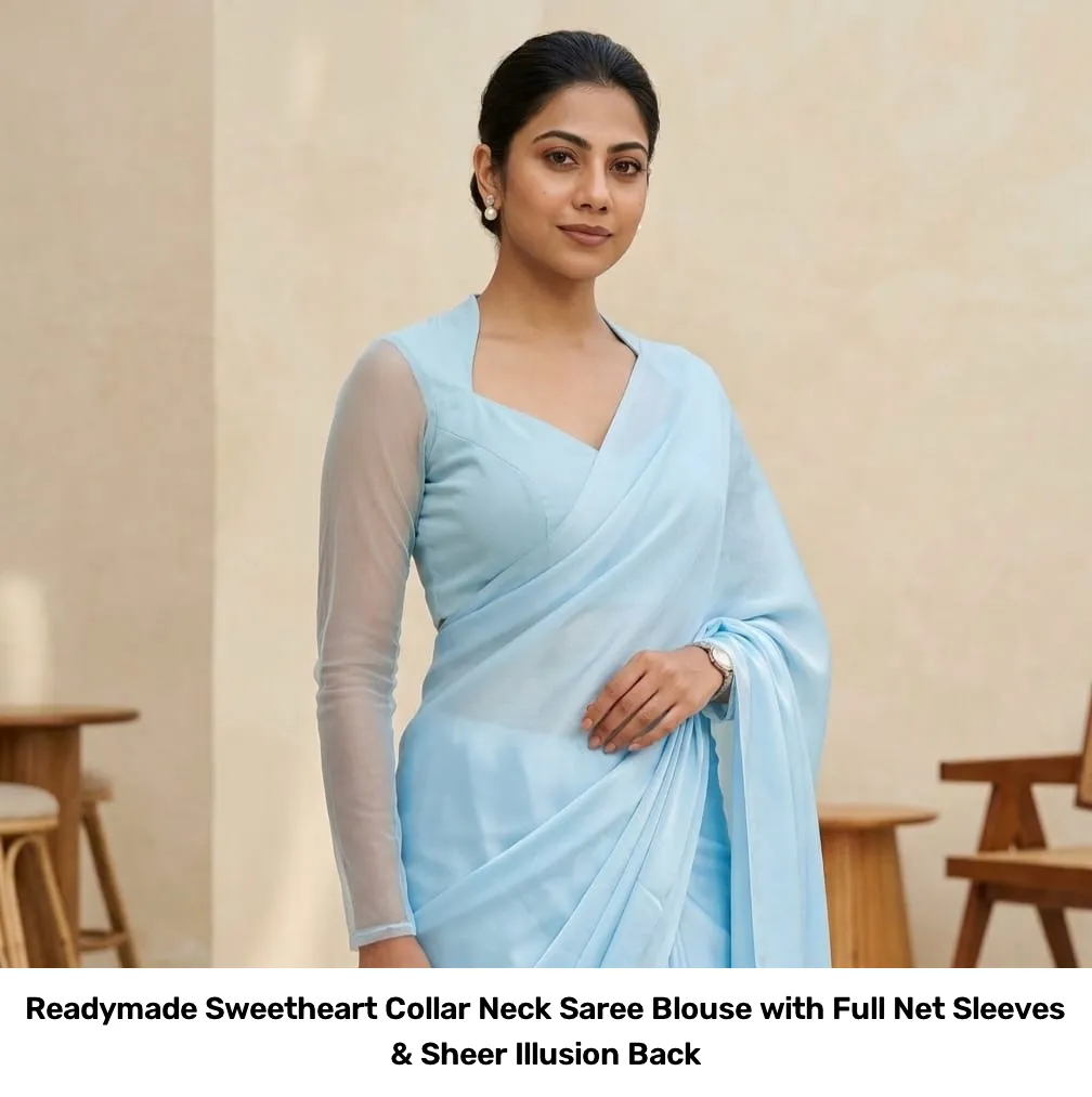 Readymade Sweetheart Collar Neck Saree Blouse with Full Net Sleeves & Sheer Illusion Back 4