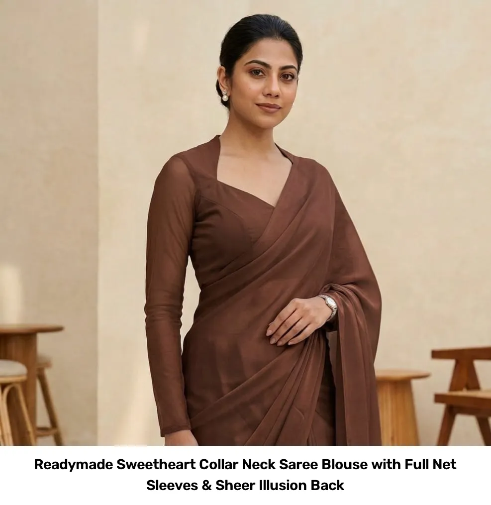 Readymade Sweetheart Collar Neck Saree Blouse with Full Net Sleeves & Sheer Illusion Back 5
