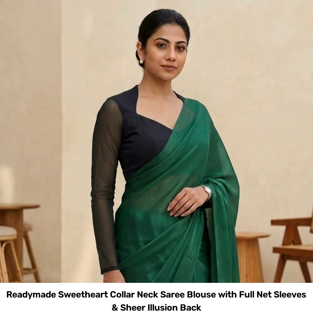 Readymade Sweetheart Collar Neck Saree Blouse with Full Net Sleeves & Sheer Illusion Back 6