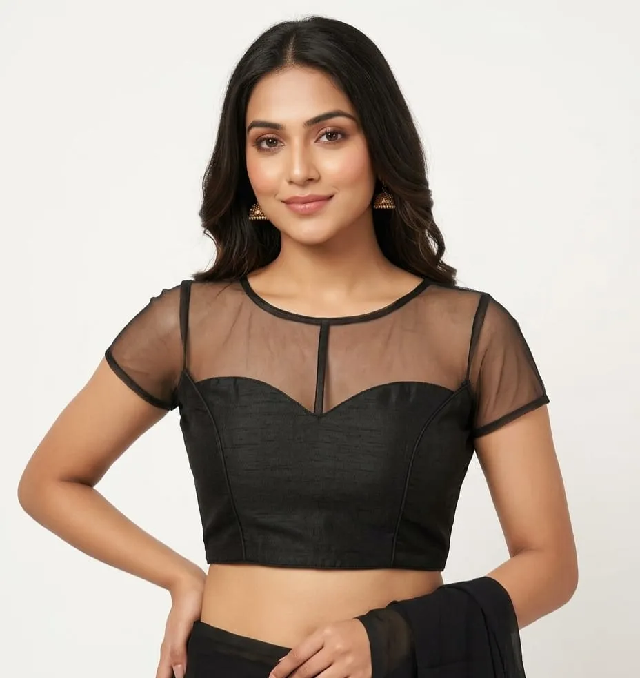 Readymade Sweetheart Illusion Neck Saree Blouse | Sheer Net Boat Neck with Back Hooks, Party Wear Padded Blouse
