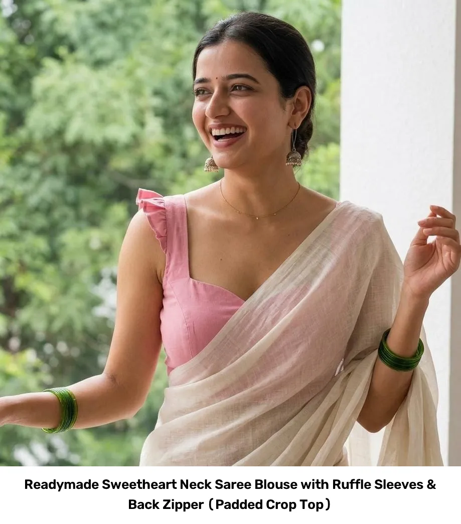 Readymade Sweetheart Neck Saree Blouse with Ruffle Sleeves & Back Zipper (Padded Crop Top) 3