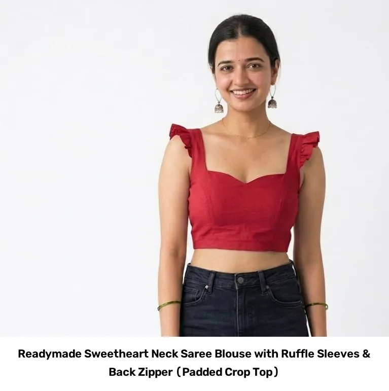 Readymade Sweetheart Neck Saree Blouse with Ruffle Sleeves & Back Zipper (Padded Crop Top) 4