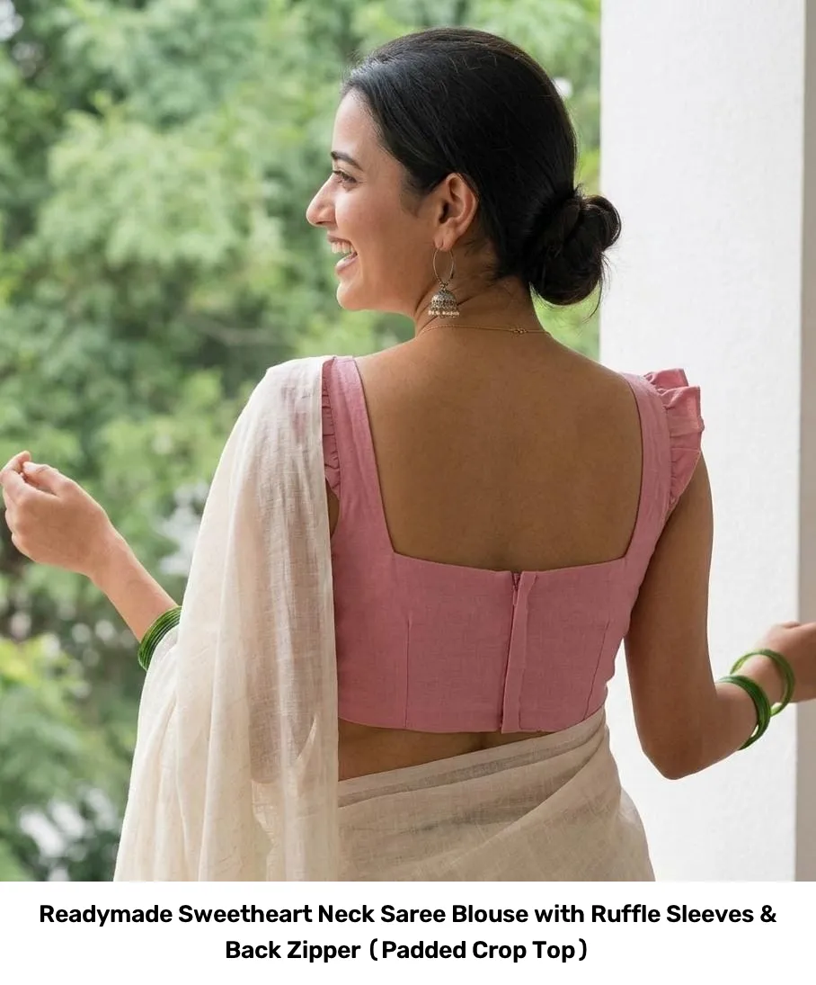 Readymade Sweetheart Neck Saree Blouse with Ruffle Sleeves & Back Zipper (Padded Crop Top) 5