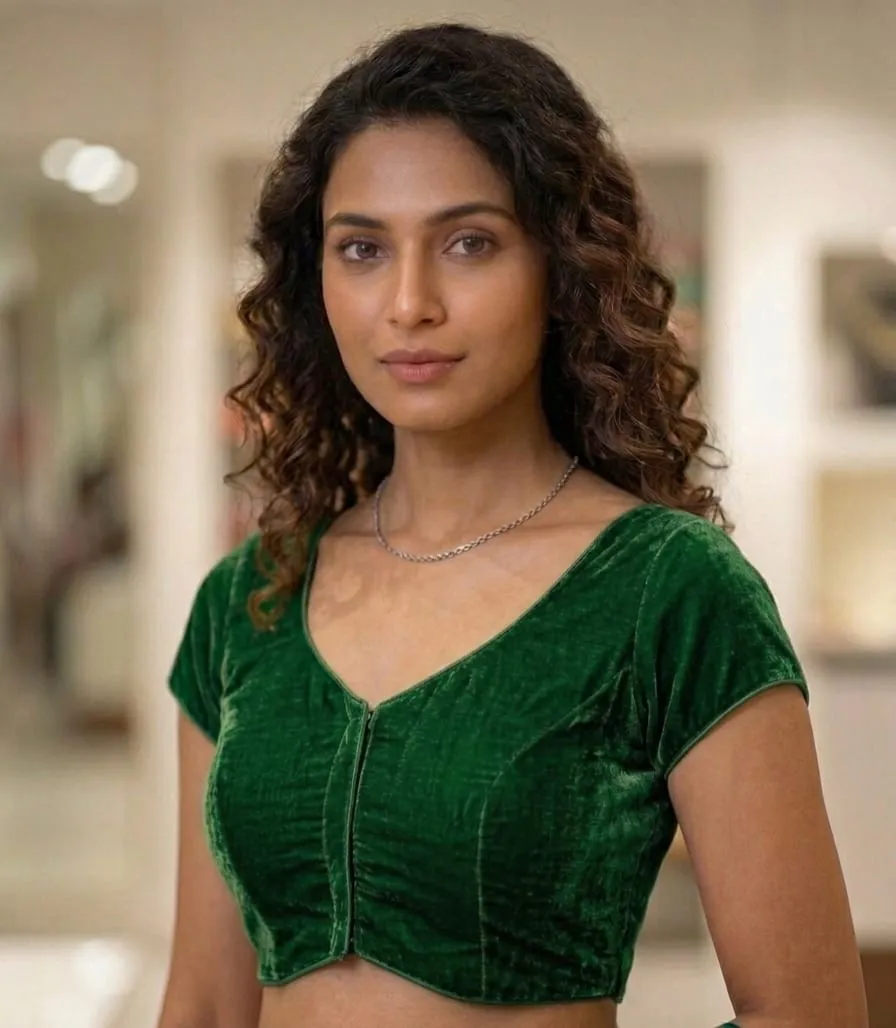 Readymade Velvet Saree Blouse | Cap Sleeve Deep V-Neck Front Hook Choli Top