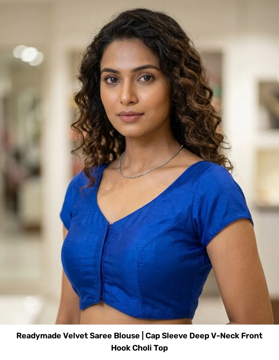 Readymade Velvet Saree Blouse | Cap Sleeve Deep V-Neck Front Hook Choli Top 2