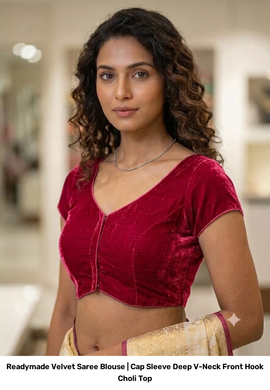 Readymade Velvet Saree Blouse | Cap Sleeve Deep V-Neck Front Hook Choli Top 3