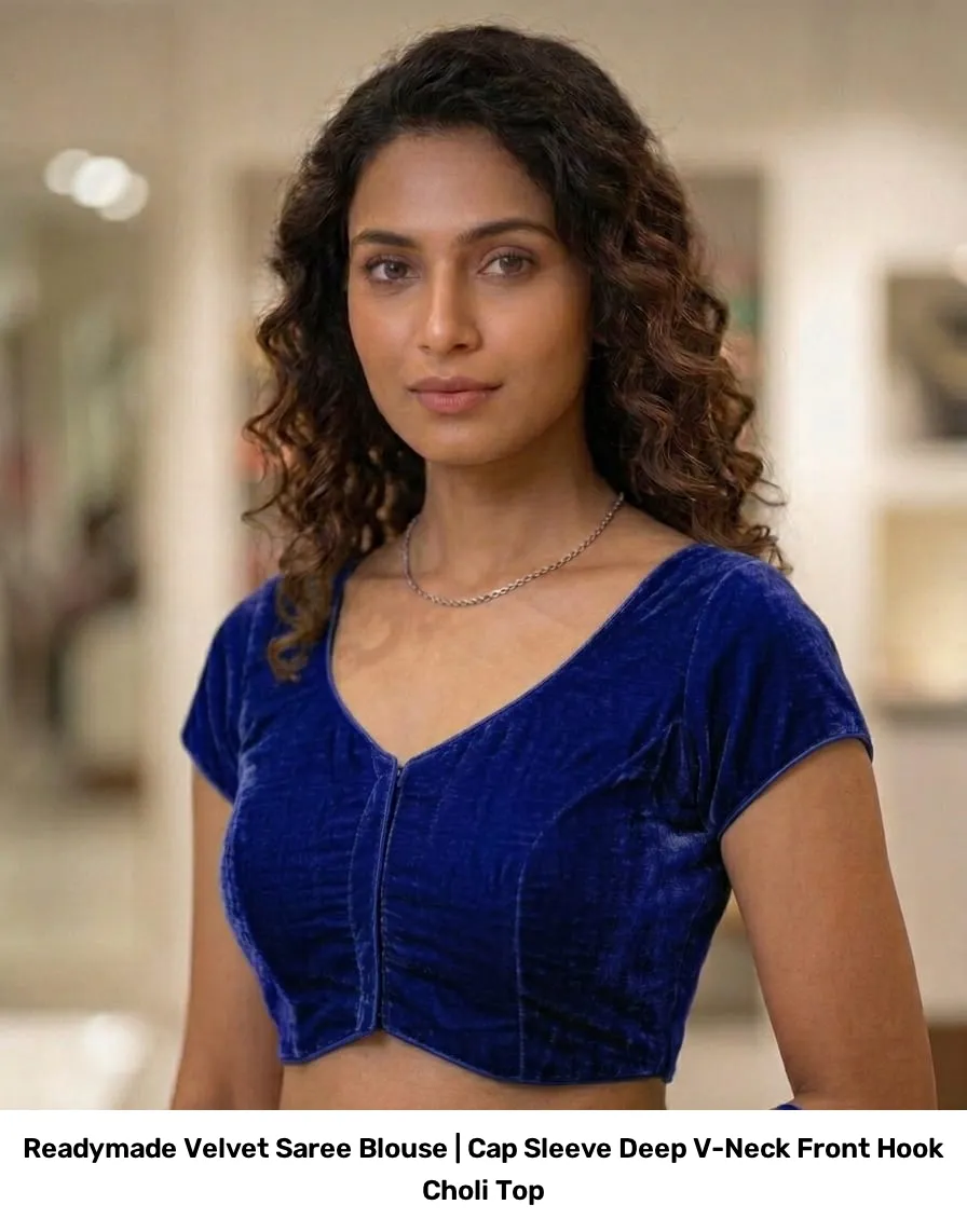 Readymade Velvet Saree Blouse | Cap Sleeve Deep V-Neck Front Hook Choli Top 4