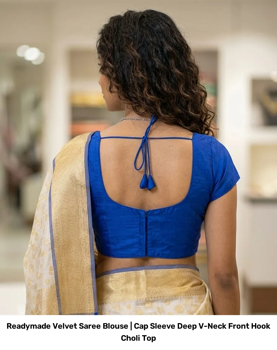 Readymade Velvet Saree Blouse | Cap Sleeve Deep V-Neck Front Hook Choli Top 5