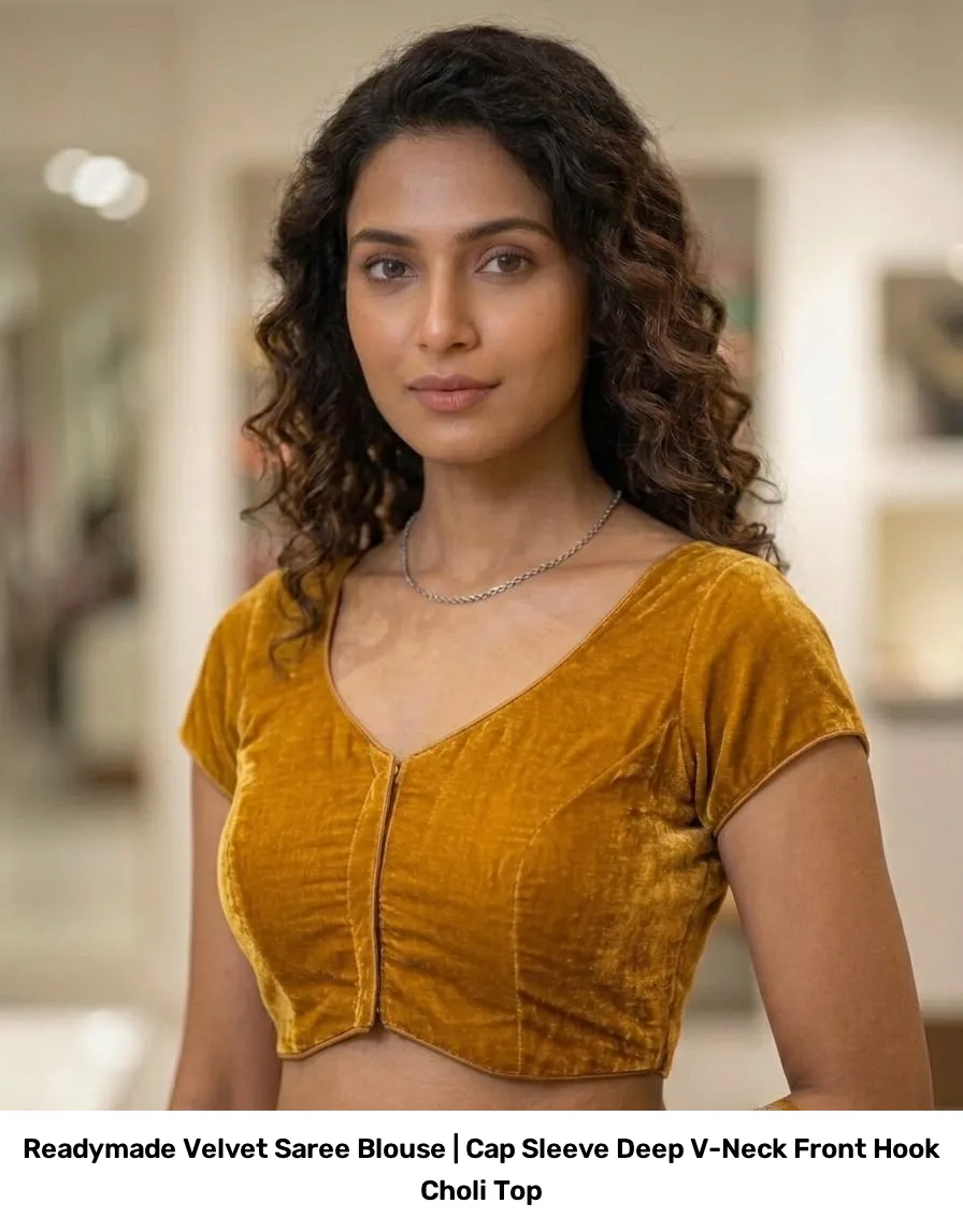 Readymade Velvet Saree Blouse | Cap Sleeve Deep V-Neck Front Hook Choli Top 6