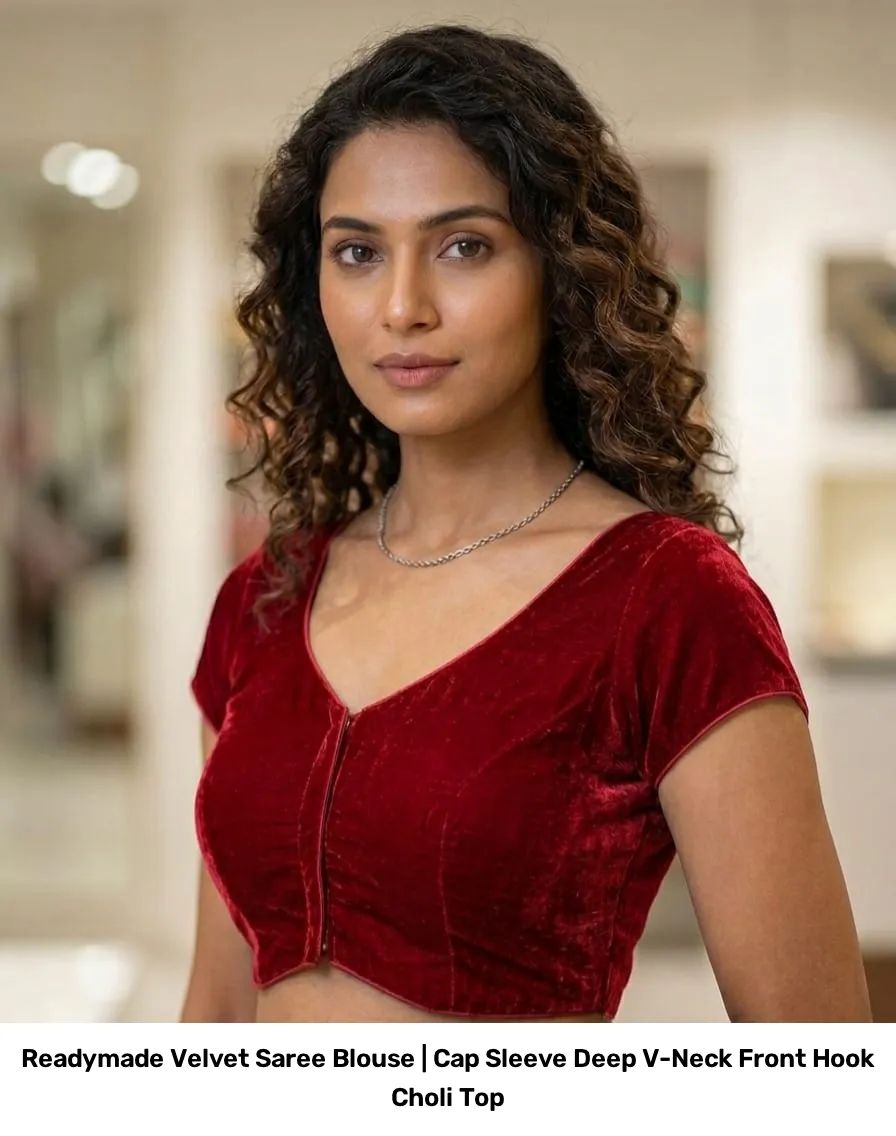 Readymade Velvet Saree Blouse | Cap Sleeve Deep V-Neck Front Hook Choli Top 7