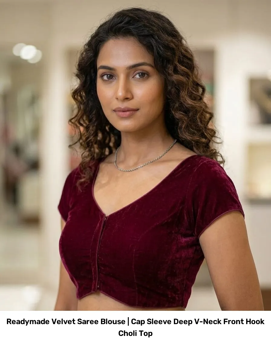 Readymade Velvet Saree Blouse | Cap Sleeve Deep V-Neck Front Hook Choli Top 8