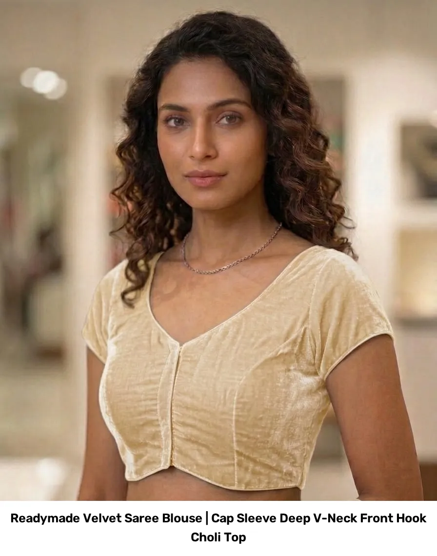Readymade Velvet Saree Blouse | Cap Sleeve Deep V-Neck Front Hook Choli Top 9