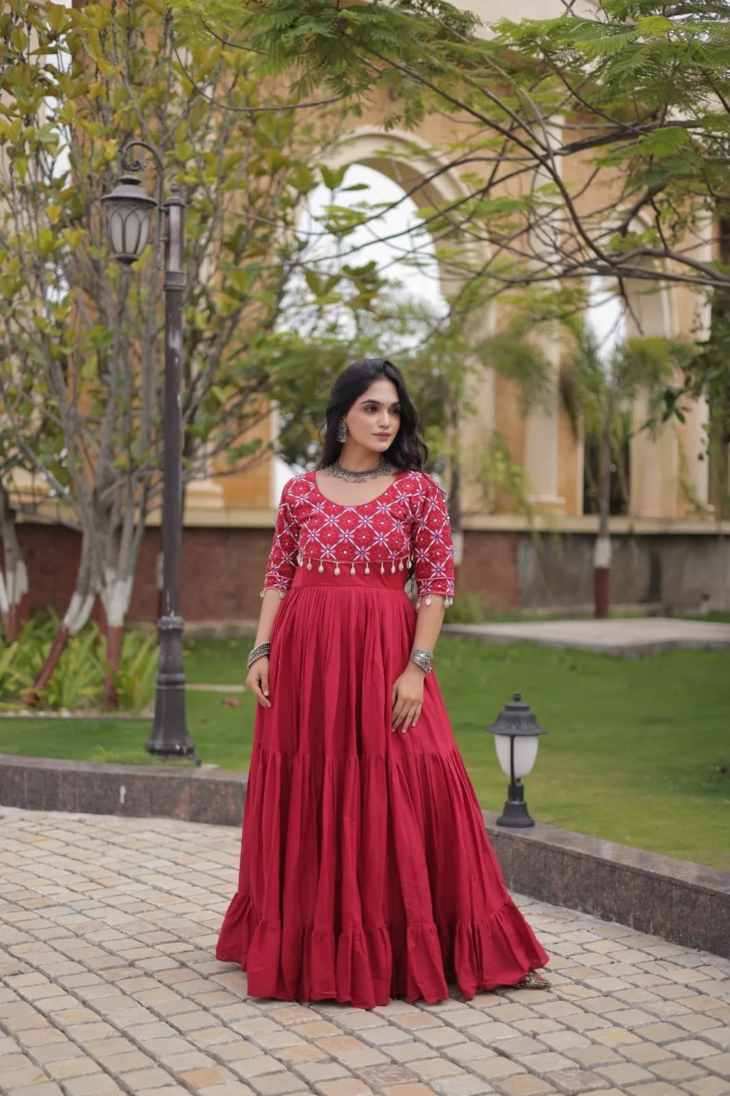 Real Mirror Work Navratri Anarkali Gown with 9 Meter Flair | Embroidered Kora Cotton Festive Long Frock (Size 38–44)