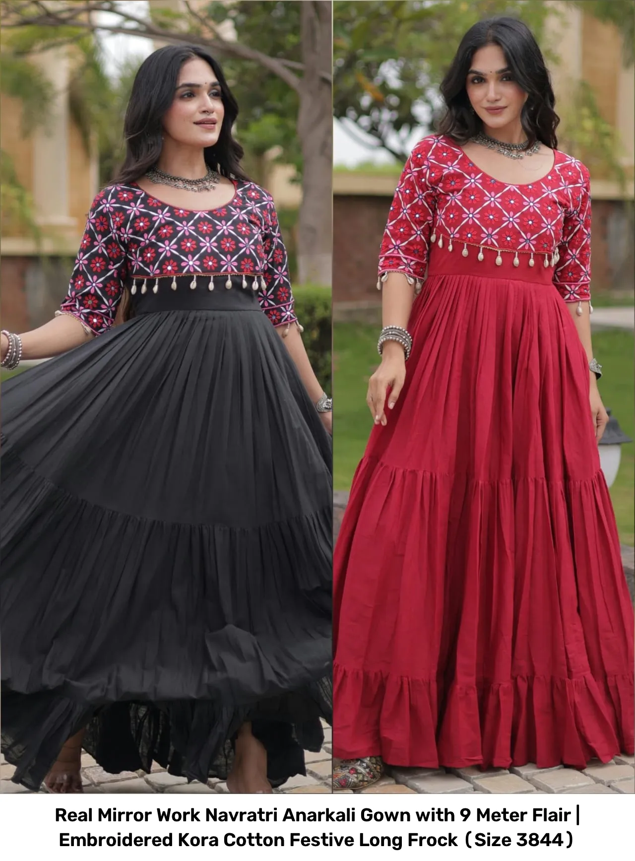 Real Mirror Work Navratri Anarkali Gown with 9 Meter Flair | Embroidered Kora Cotton Festive Long Frock (Size 38–44) 2