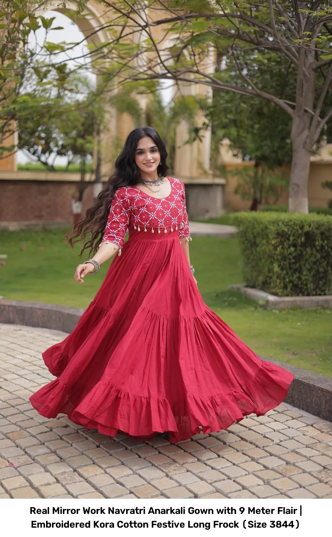 Real Mirror Work Navratri Anarkali Gown with 9 Meter Flair | Embroidered Kora Cotton Festive Long Frock (Size 38–44) 3