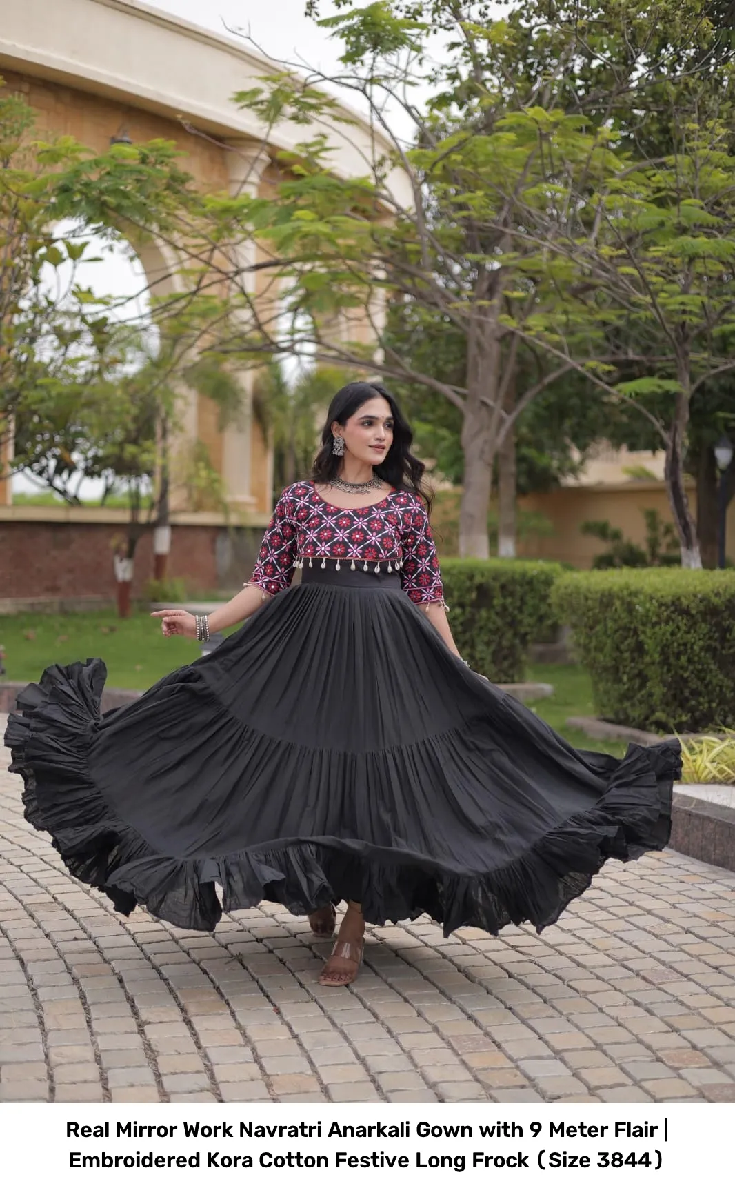 Real Mirror Work Navratri Anarkali Gown with 9 Meter Flair | Embroidered Kora Cotton Festive Long Frock (Size 38–44) 4