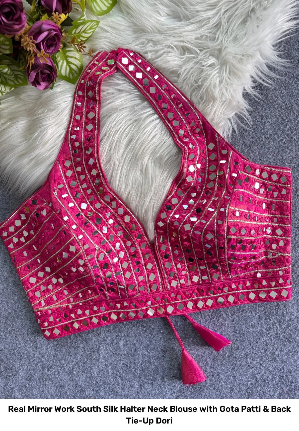 Real Mirror Work South Silk Halter Neck Blouse with Gota Patti & Back Tie-Up Dori 10