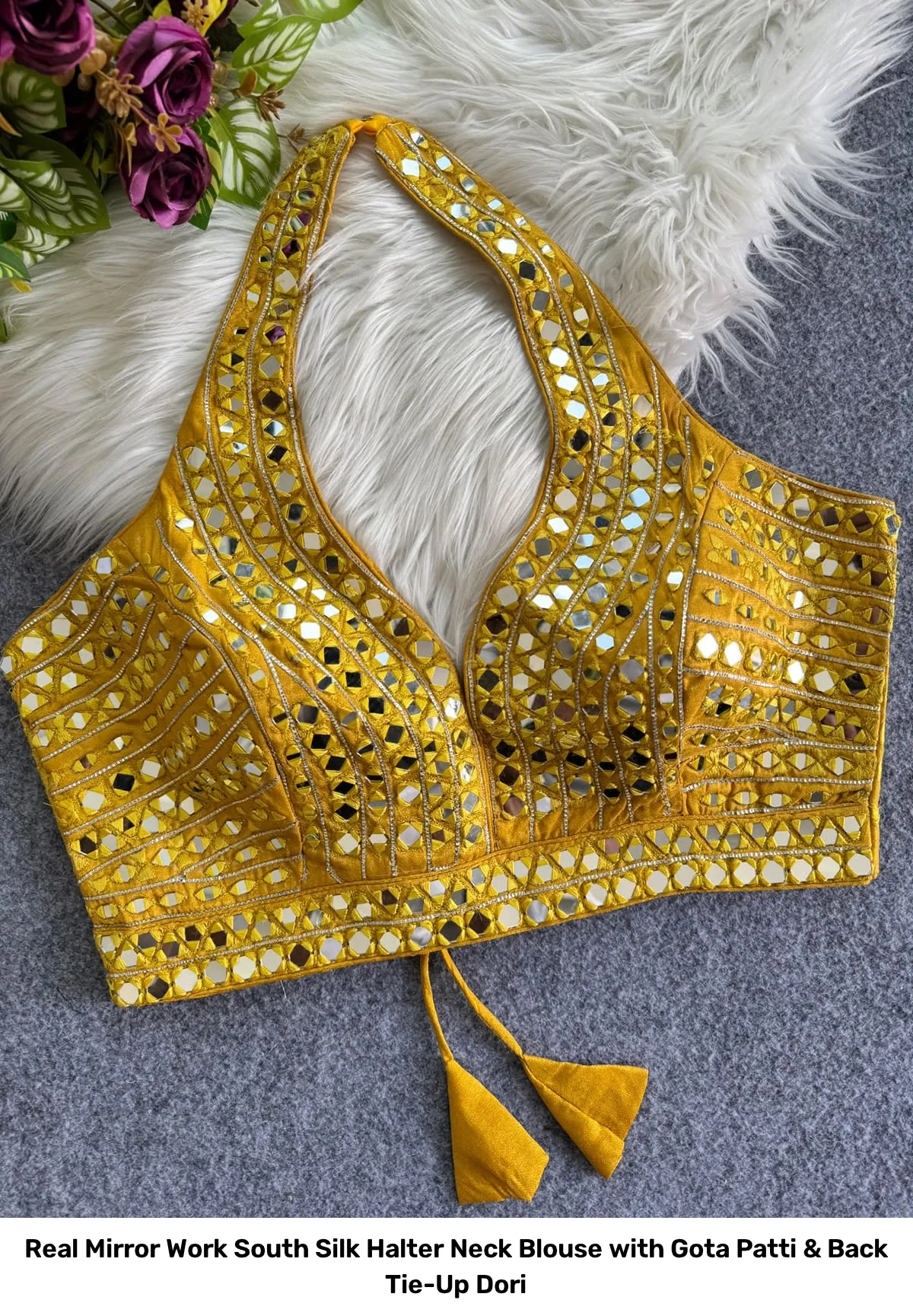 Real Mirror Work South Silk Halter Neck Blouse with Gota Patti & Back Tie-Up Dori 4
