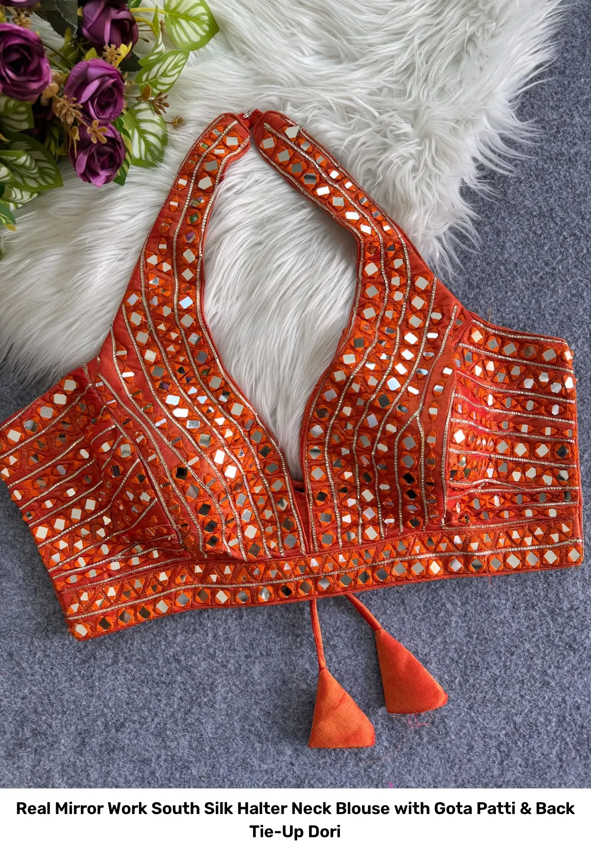 Real Mirror Work South Silk Halter Neck Blouse with Gota Patti & Back Tie-Up Dori 5