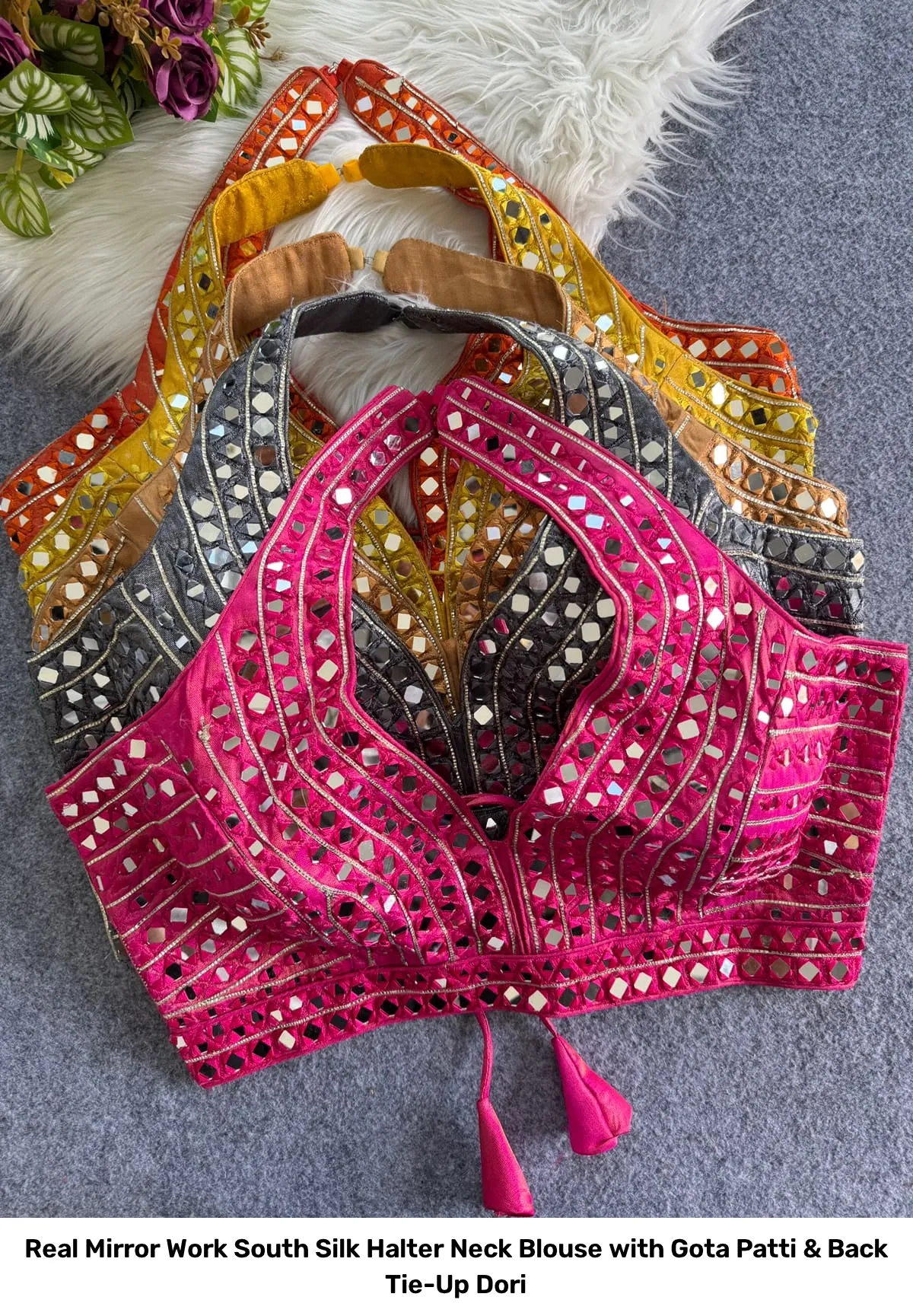 Real Mirror Work South Silk Halter Neck Blouse with Gota Patti & Back Tie-Up Dori 7