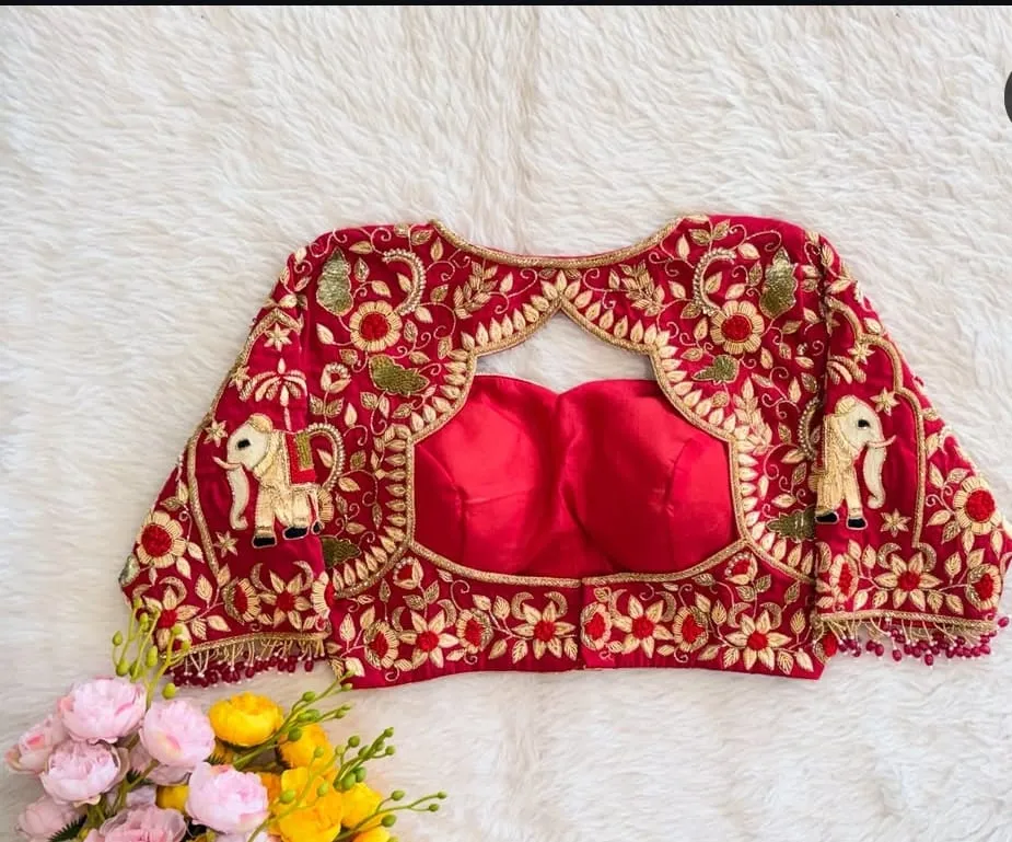 Red Bridal Silk Designer Blouse with Heavy Zardosi & Elephant Motifs | Buy Readymade Blouses Online