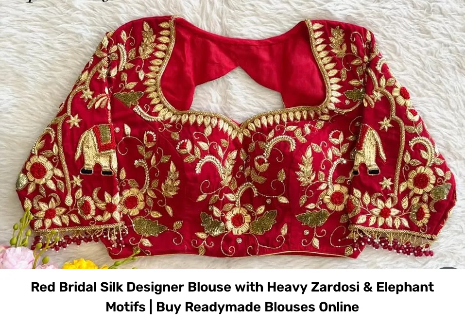Red Bridal Silk Designer Blouse with Heavy Zardosi & Elephant Motifs | Buy Readymade Blouses Online 3